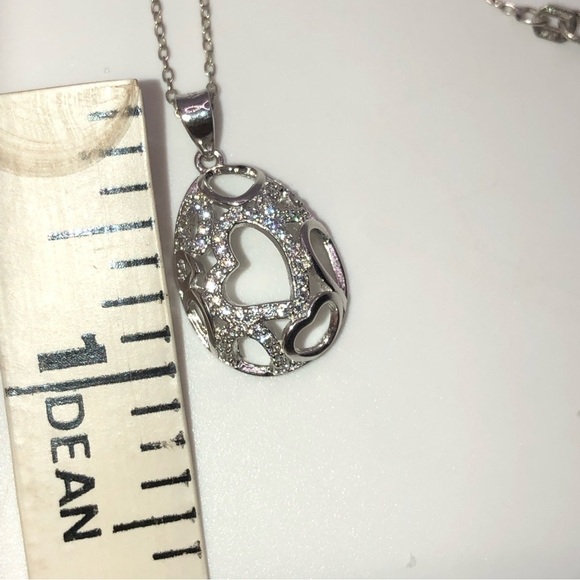 Sterling Silver & Cz Heart Egg Shaped Pendant w Chain / 16” + 1” Pendant - Picture 9 of 10
